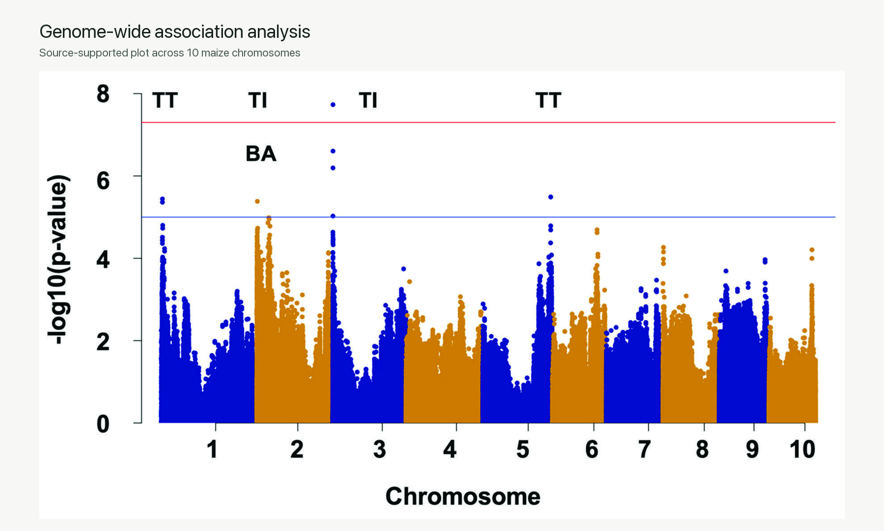 Manhattan plot showing association signals across 10 maize chromosomes.